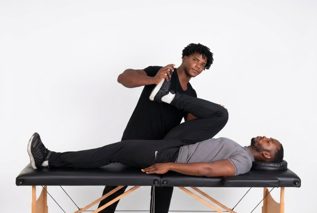 Natanael Sanchez, massothérapeute et lymphothérapeute à Nyon, mobilise la jambe d’un client lors d’un massage sportif
